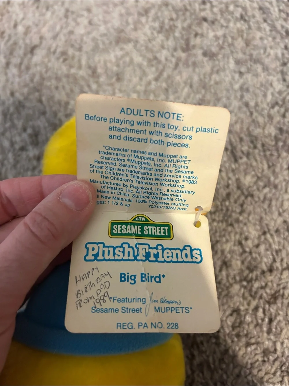Vintage Big Bird Yellow Plush Toy with Blue Shirt